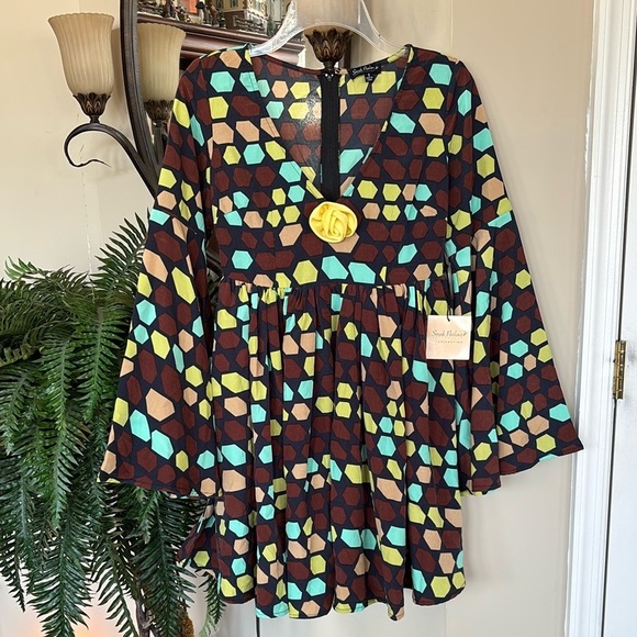 Brand New Unique Vintage Smak Parlour Brown Yellow Geometric 70s Mod Dress - Picture 1 of 15
